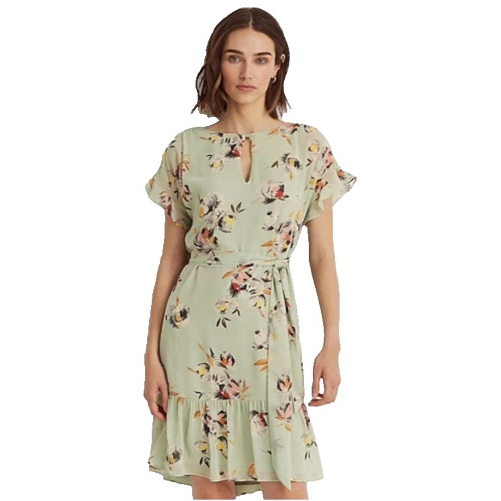 NWT‎ Lauren Ralph Lauren Black Label Floral Crinkle Georgette Dress Sz 16 Ruffle